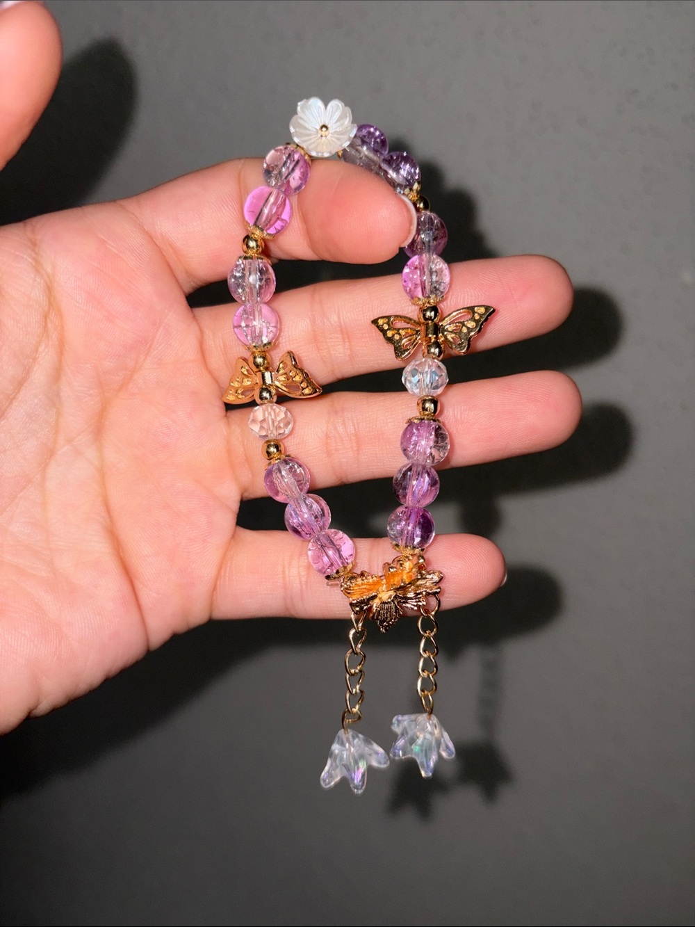 Purple and Gold Butterfly Glass Beaded Bracelet